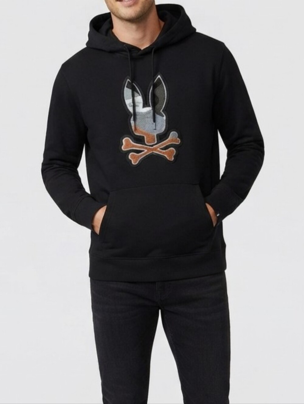Psycho Bunny Black Hoodie with Multicolor Logo Patch Large $148